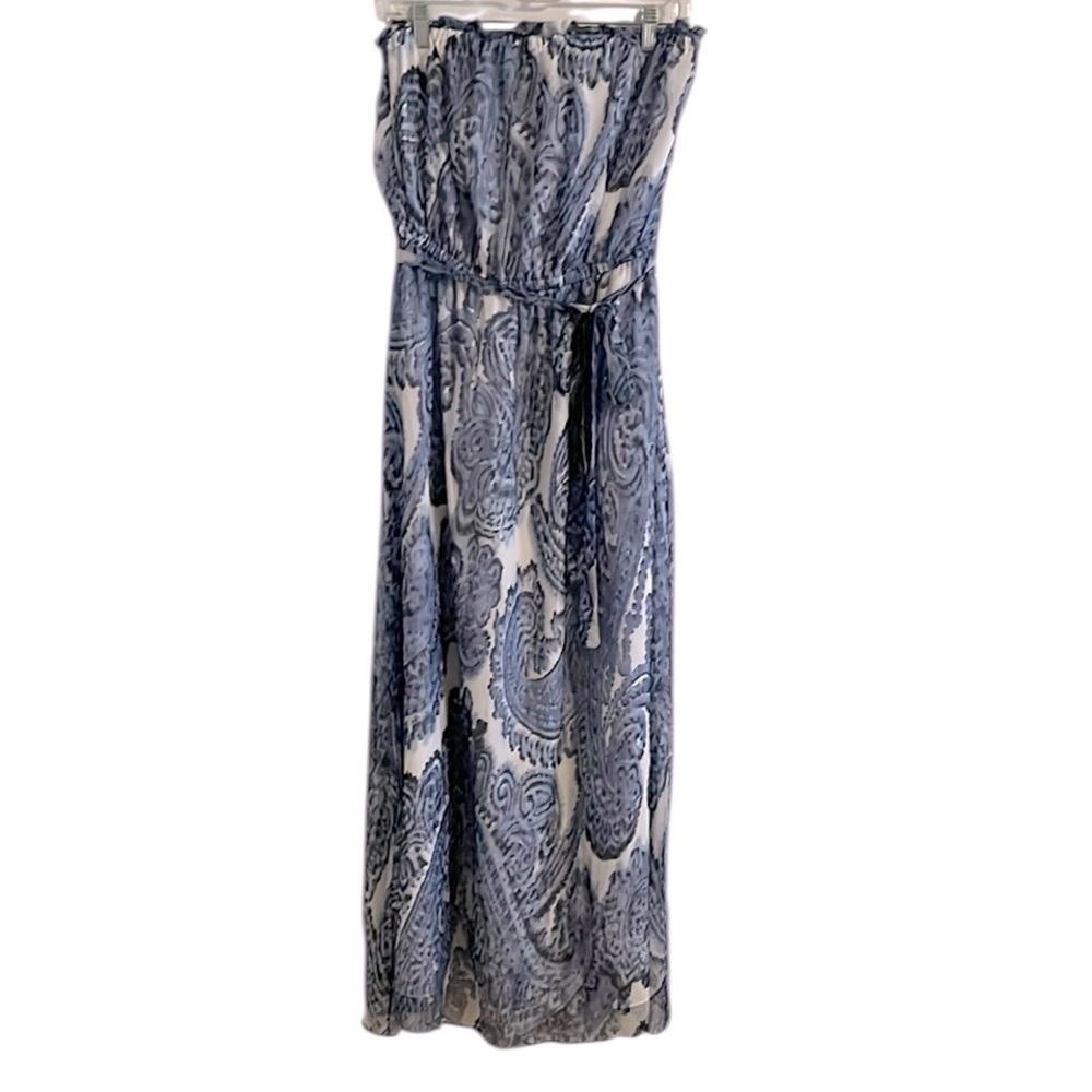 Milly Strapless Silk‎ Midi Dress Women’s Size 6 Blue White Paisley Resort